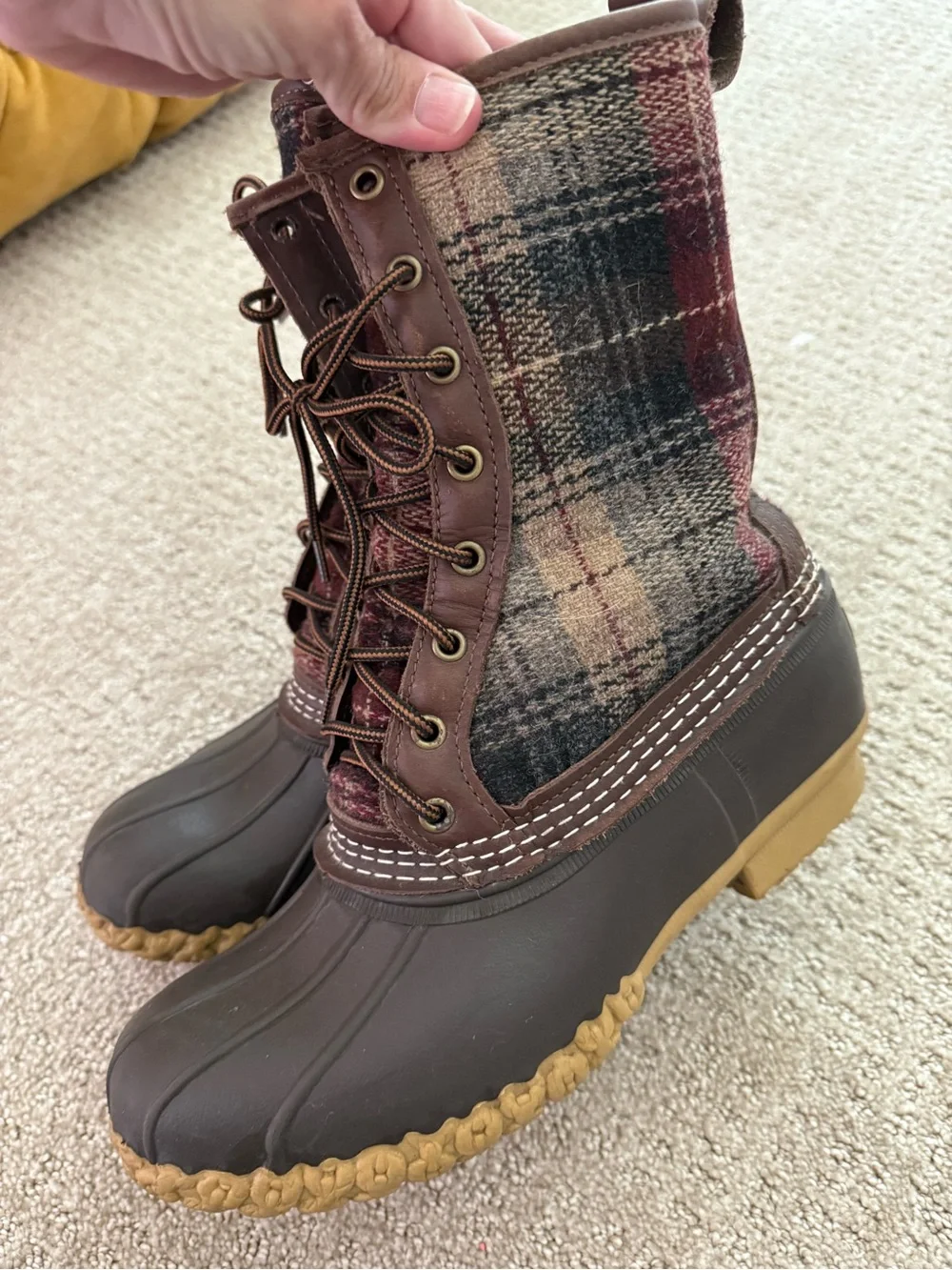 LL bean boots plaid duck boot shearling fur lining made in USA sz 8 gorpcore